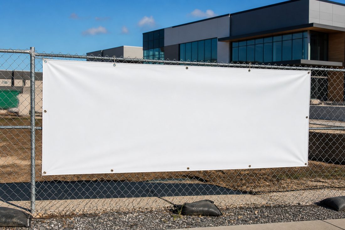 Blank banner installed on a temporary fence
