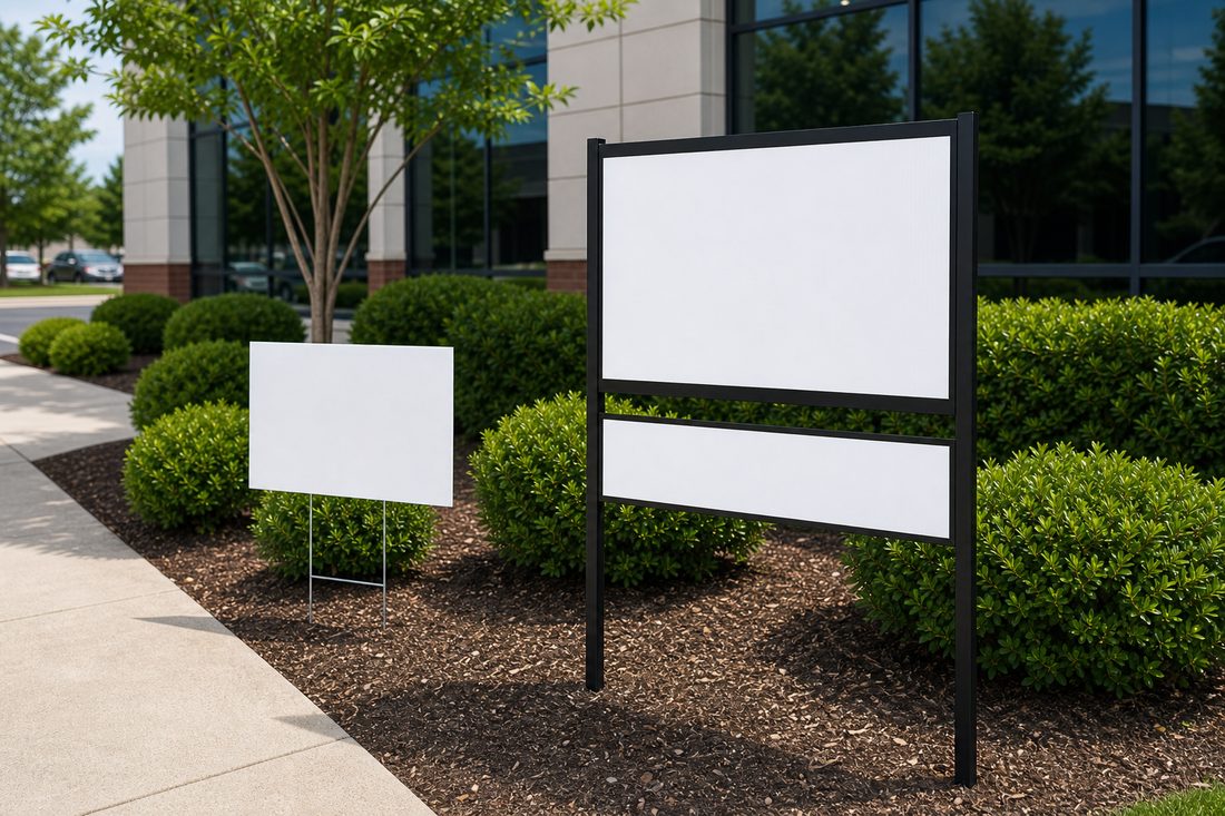 Corrugated plastic signs on stakes and in a frame