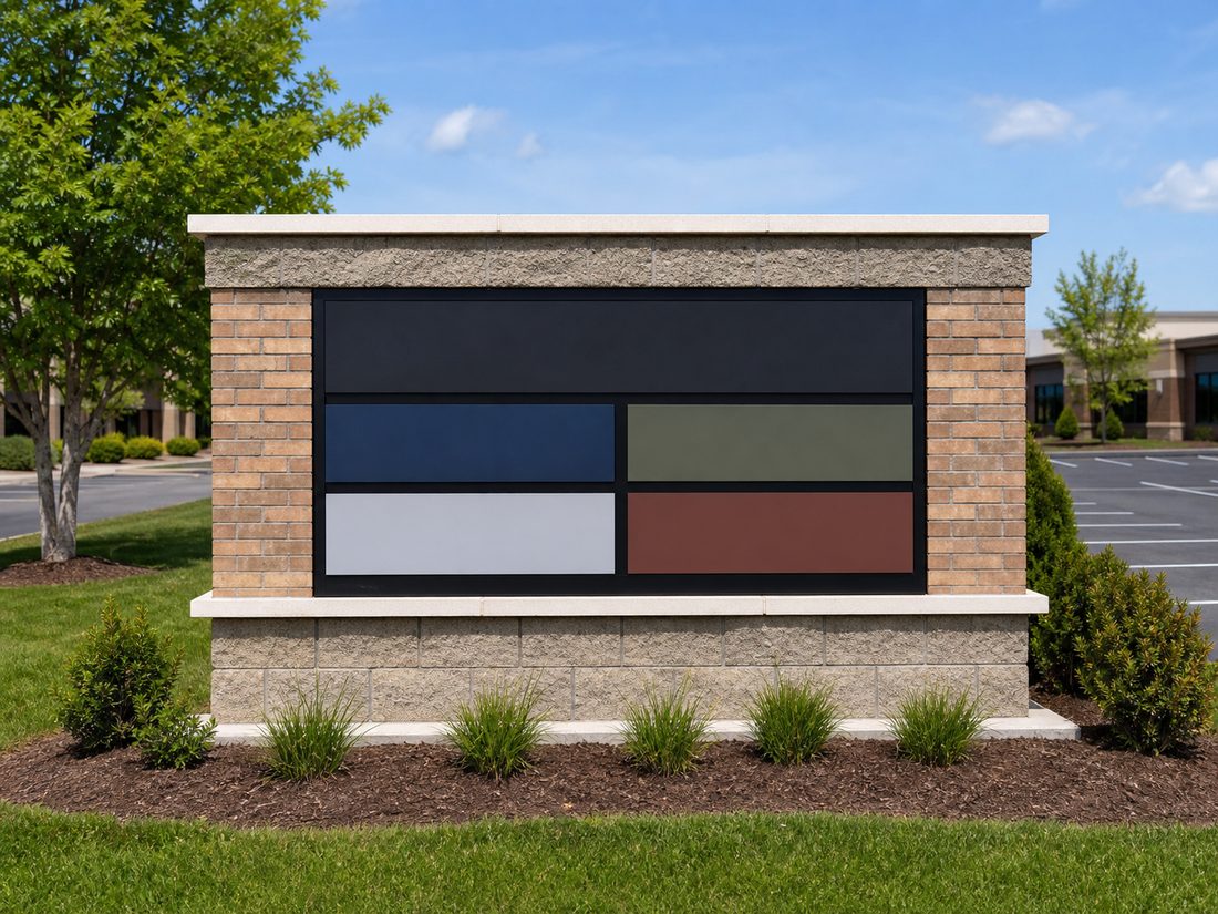Shopping center monument sign with tenant panels