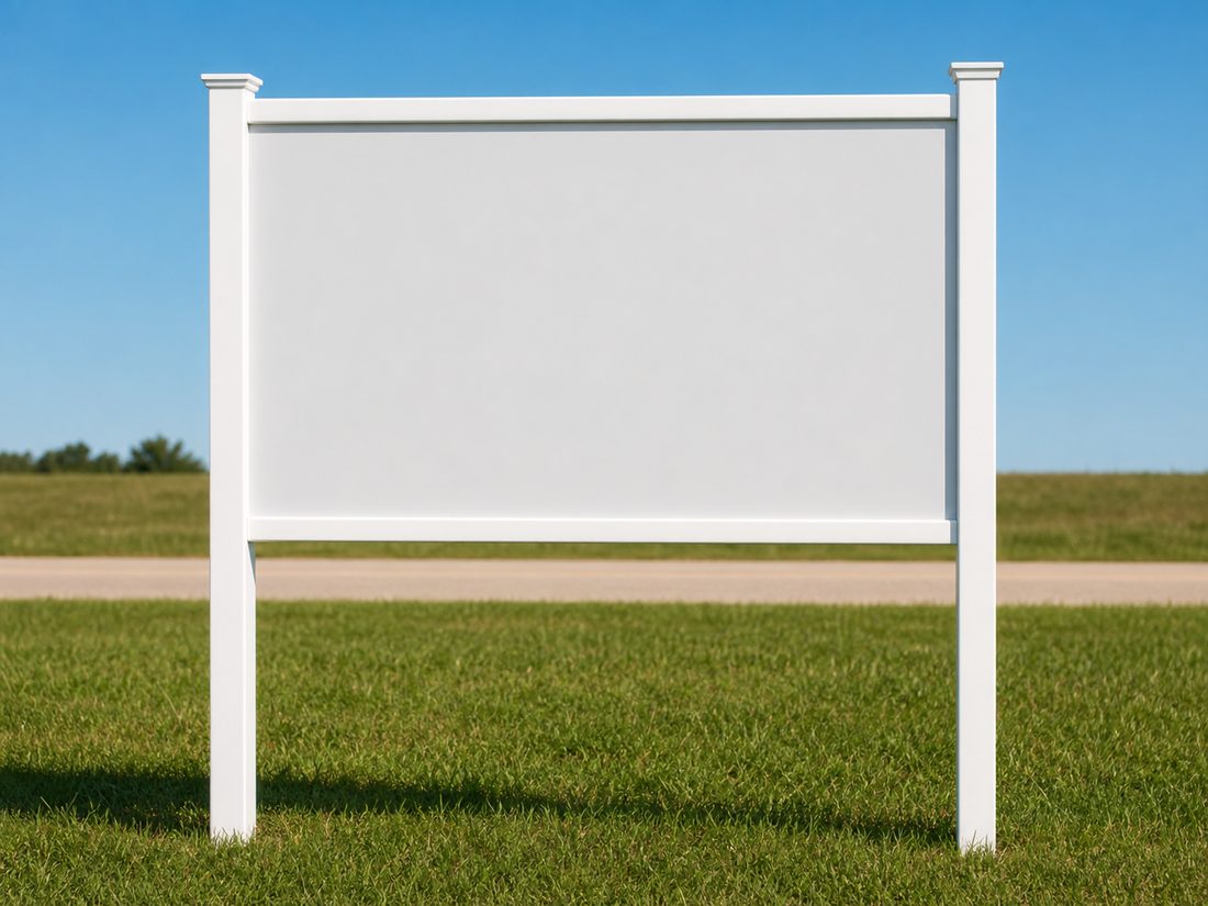Blank commercial sign installed in a white PVC frame